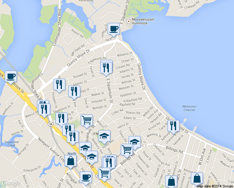 map of restaurants, bars, coffee shops, grocery stores, and more near 16 Appleton Street in Quincy