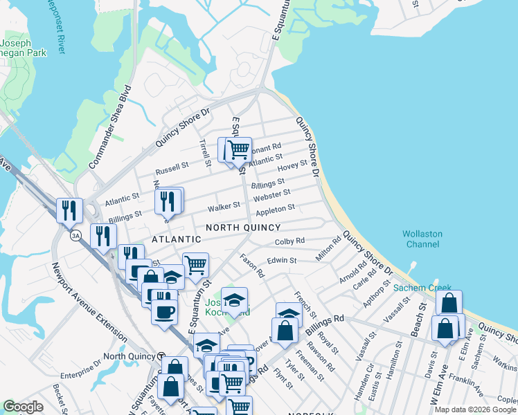map of restaurants, bars, coffee shops, grocery stores, and more near 16 Appleton Street in Quincy