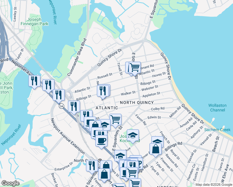 map of restaurants, bars, coffee shops, grocery stores, and more near 30 Walker Street in Quincy