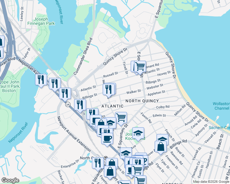 map of restaurants, bars, coffee shops, grocery stores, and more near 30 Walker Street in Quincy