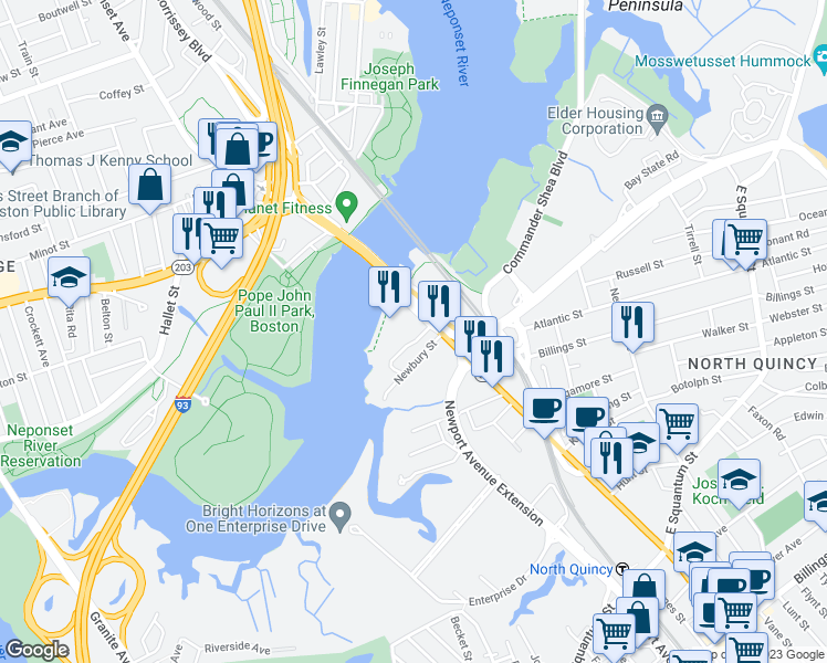 map of restaurants, bars, coffee shops, grocery stores, and more near 55 Hancock Street in Quincy