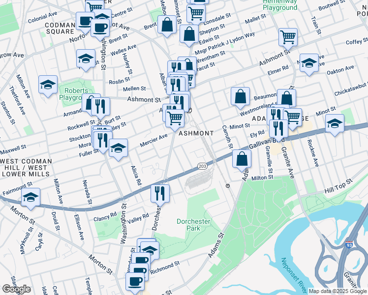 map of restaurants, bars, coffee shops, grocery stores, and more near 6 Magdala Street in Boston