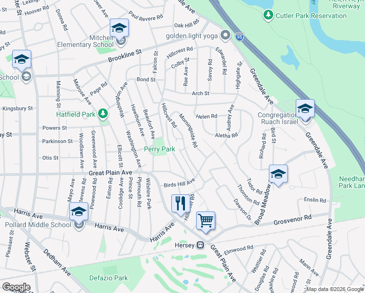 map of restaurants, bars, coffee shops, grocery stores, and more near 176 Hillcrest Road in Needham