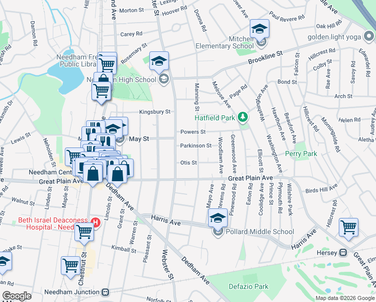 map of restaurants, bars, coffee shops, grocery stores, and more near 64 Parkinson Street in Needham