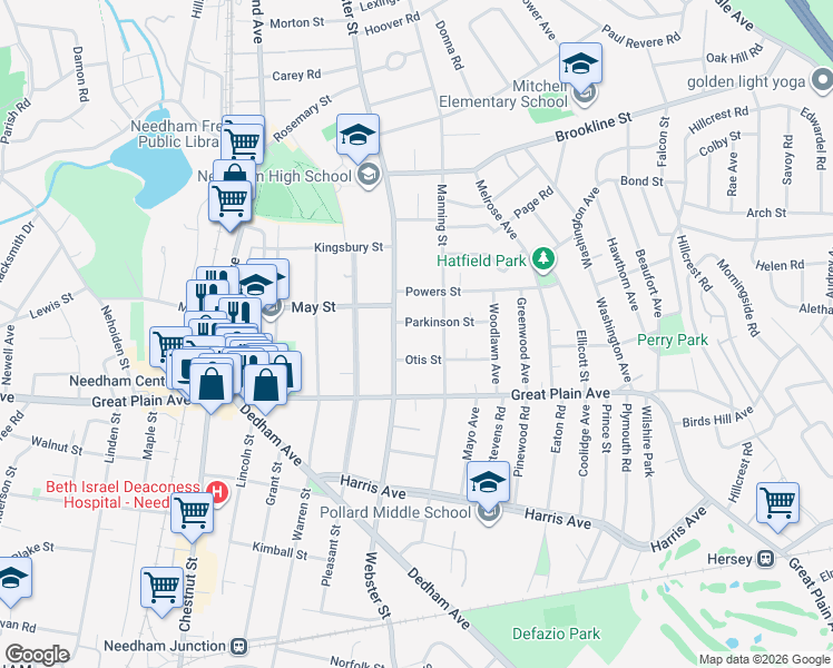 map of restaurants, bars, coffee shops, grocery stores, and more near 64 Parkinson Street in Needham