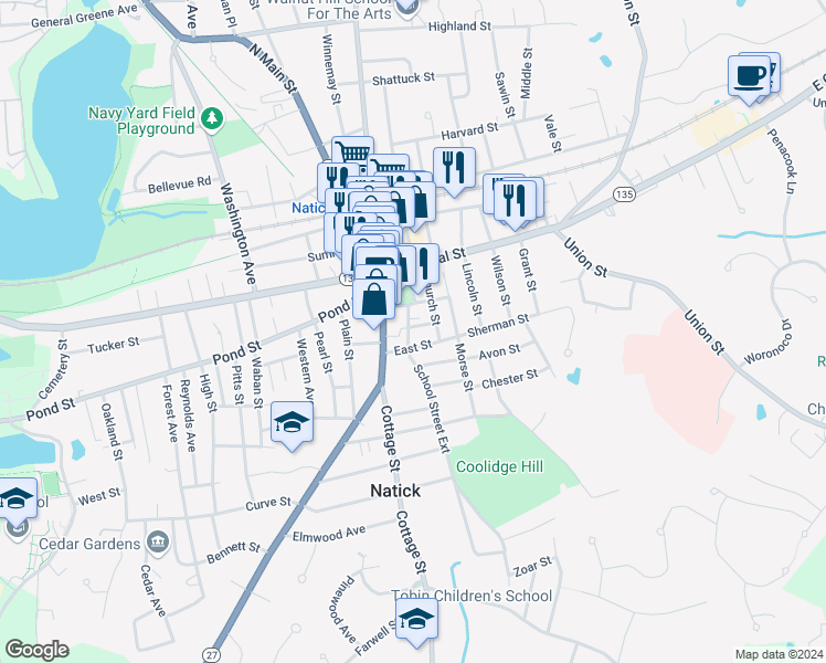 map of restaurants, bars, coffee shops, grocery stores, and more near 16 School Street in Natick