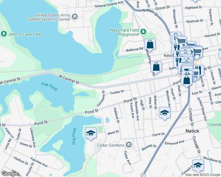 map of restaurants, bars, coffee shops, grocery stores, and more near 86 West Central Street in Natick