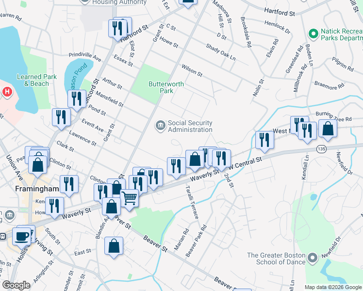 map of restaurants, bars, coffee shops, grocery stores, and more near 13 Clarks Hill in Framingham