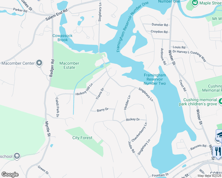 map of restaurants, bars, coffee shops, grocery stores, and more near 6 Lanes End in Framingham