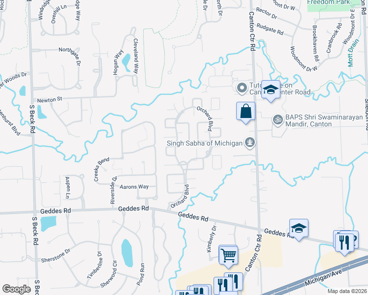 map of restaurants, bars, coffee shops, grocery stores, and more near Orchard Boulevard in Canton