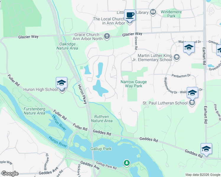 map of restaurants, bars, coffee shops, grocery stores, and more near 601 Watersedge Drive in Ann Arbor