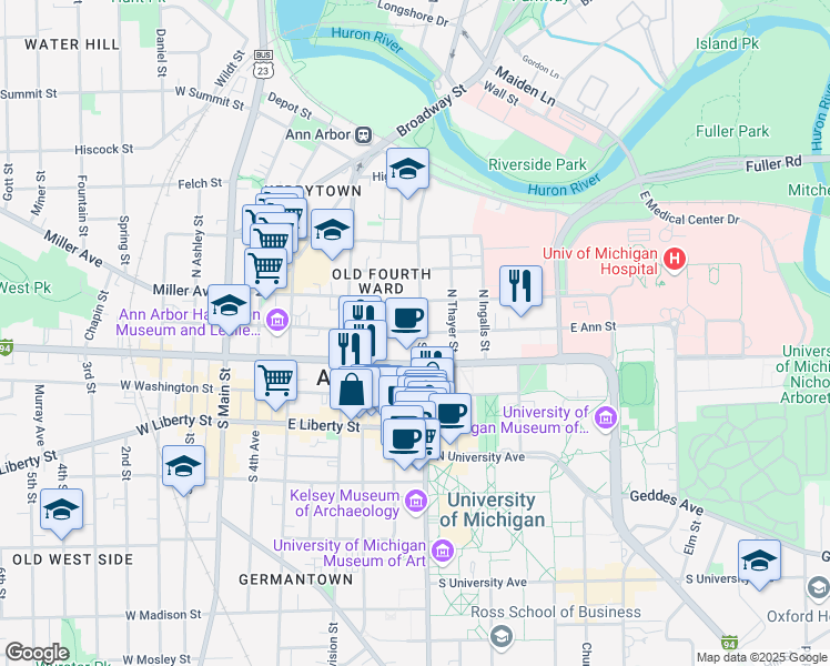map of restaurants, bars, coffee shops, grocery stores, and more near 710 East Ann Street in Ann Arbor