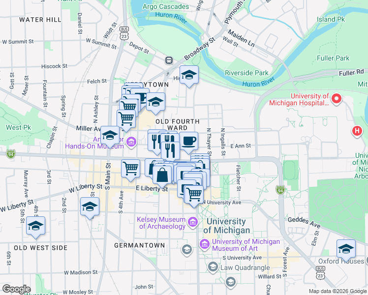 map of restaurants, bars, coffee shops, grocery stores, and more near 520 East Ann Street in Ann Arbor