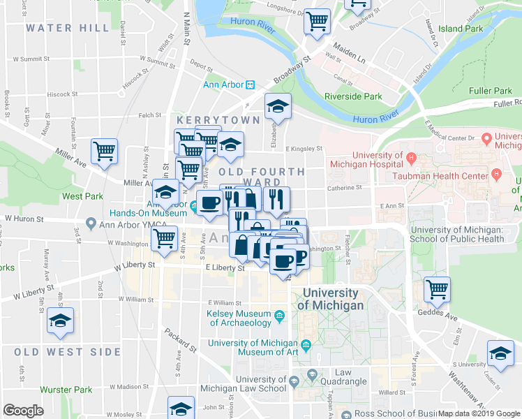 map of restaurants, bars, coffee shops, grocery stores, and more near 520 East Ann Street in Ann Arbor