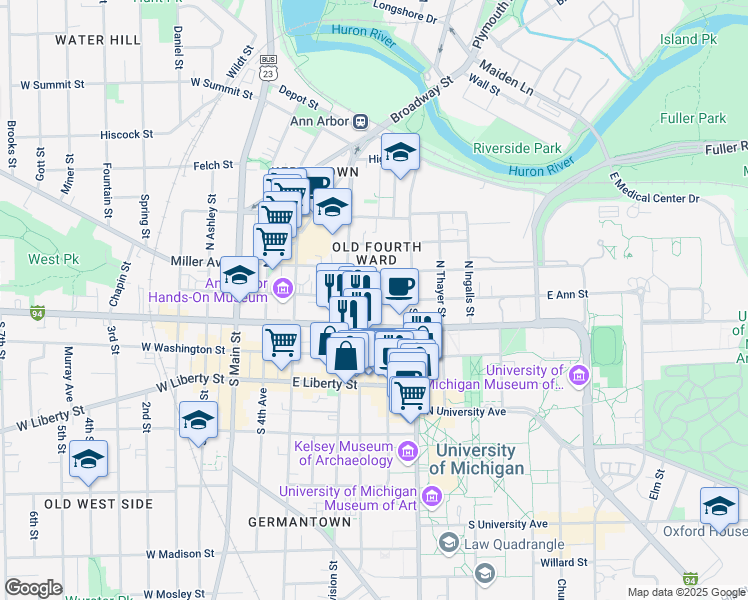 map of restaurants, bars, coffee shops, grocery stores, and more near 520 East Ann Street in Ann Arbor