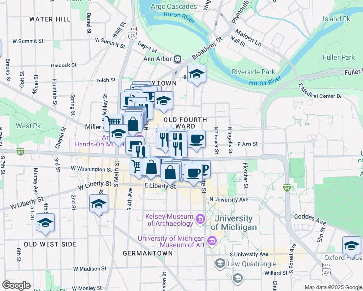 map of restaurants, bars, coffee shops, grocery stores, and more near 120 North Division Street in Ann Arbor