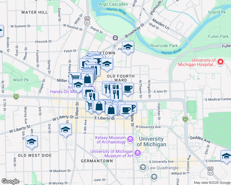 map of restaurants, bars, coffee shops, grocery stores, and more near 120 North Division Street in Ann Arbor