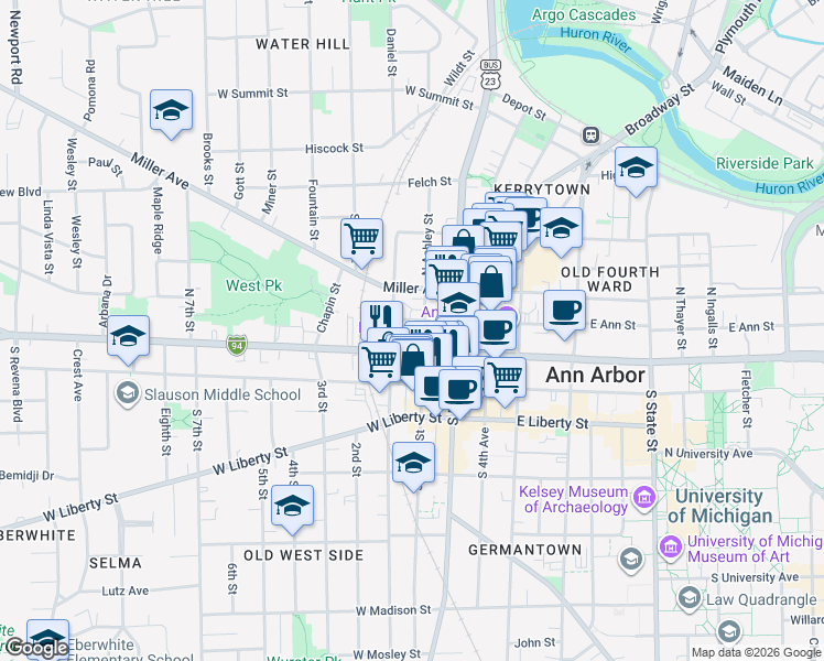 map of restaurants, bars, coffee shops, grocery stores, and more near 120 North Ashley Street in Ann Arbor