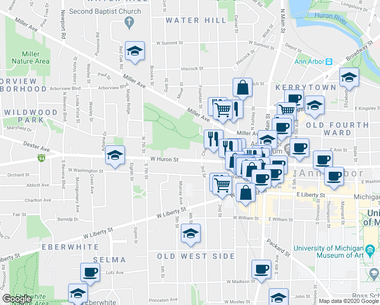 map of restaurants, bars, coffee shops, grocery stores, and more near 704 West Huron Street in Ann Arbor