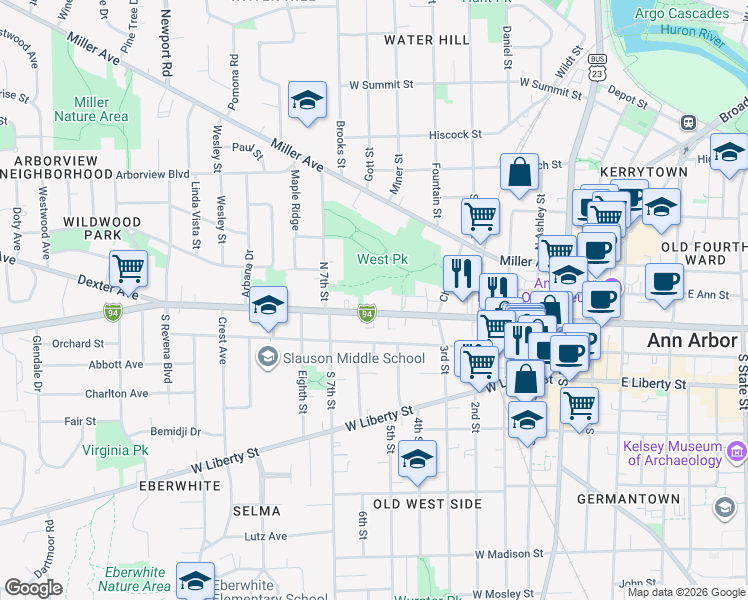 map of restaurants, bars, coffee shops, grocery stores, and more near 810 West Huron Street in Ann Arbor