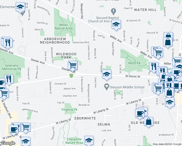 map of restaurants, bars, coffee shops, grocery stores, and more near in Ann Arbor