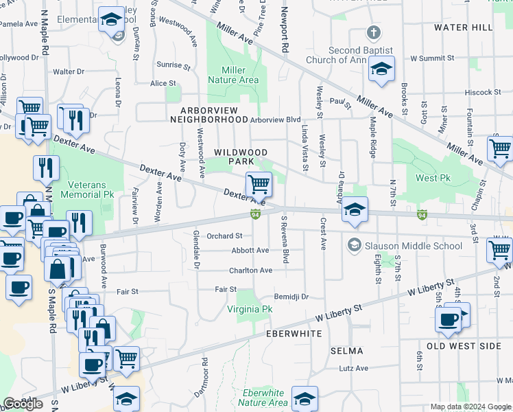 map of restaurants, bars, coffee shops, grocery stores, and more near in Ann Arbor