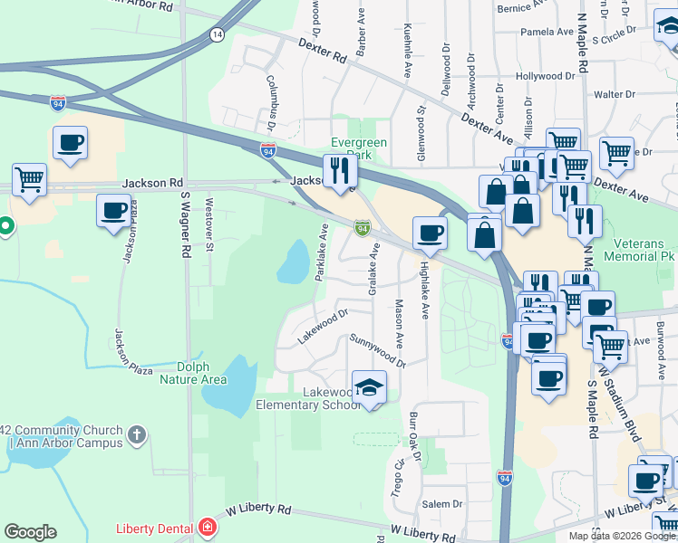 map of restaurants, bars, coffee shops, grocery stores, and more near 3066 Lakeview Drive in Ann Arbor