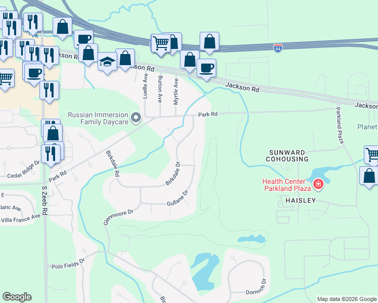 map of restaurants, bars, coffee shops, grocery stores, and more near 4844 Gullane Drive in Ann Arbor