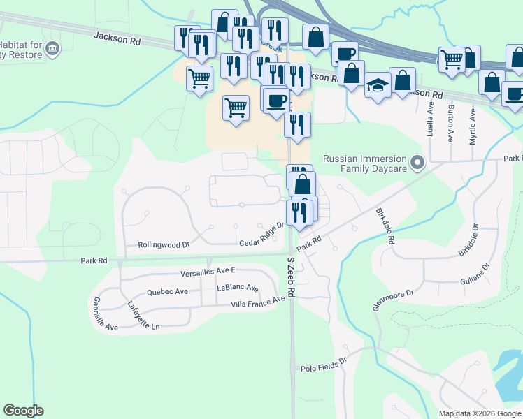 map of restaurants, bars, coffee shops, grocery stores, and more near 5513 Gallery Park Drive in Ann Arbor