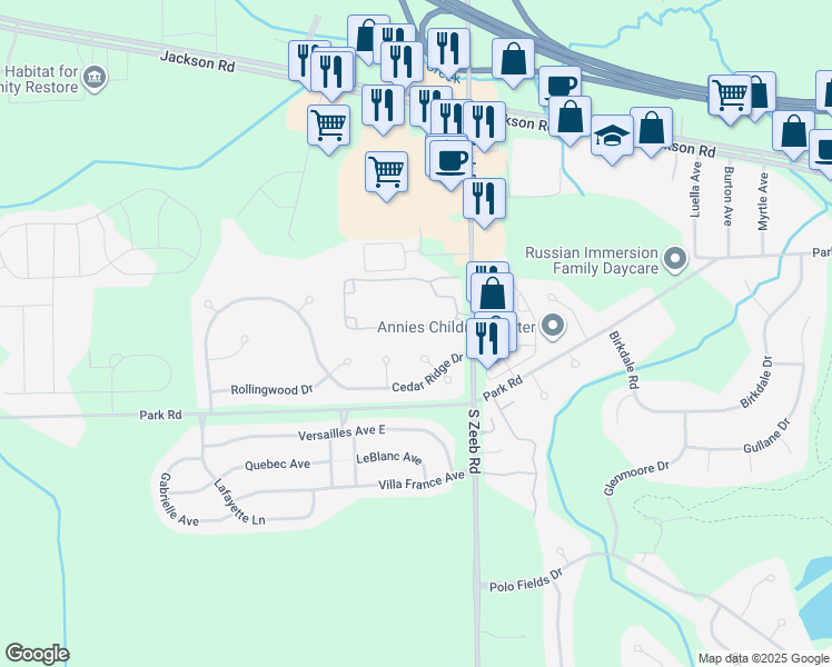 map of restaurants, bars, coffee shops, grocery stores, and more near 5535 Gallery Park Drive in Ann Arbor