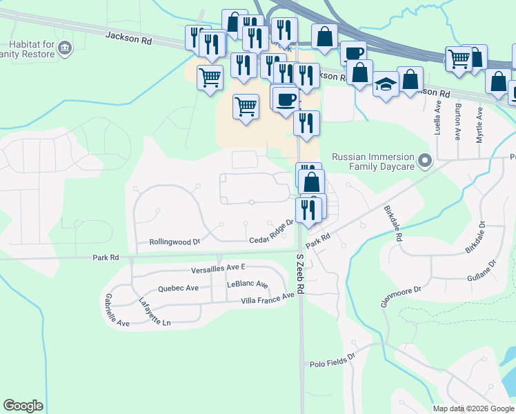 map of restaurants, bars, coffee shops, grocery stores, and more near 5535 Gallery Park Drive in Ann Arbor