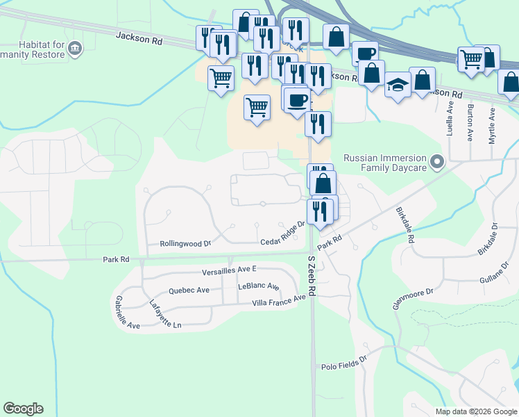 map of restaurants, bars, coffee shops, grocery stores, and more near 5535 Gallery Park Drive in Ann Arbor
