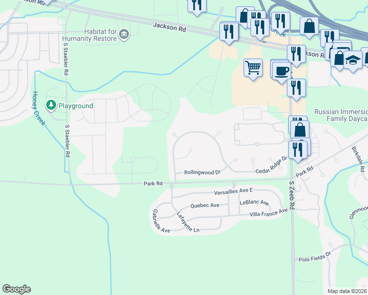 map of restaurants, bars, coffee shops, grocery stores, and more near 5977 Cedar Ridge Drive in Ann Arbor