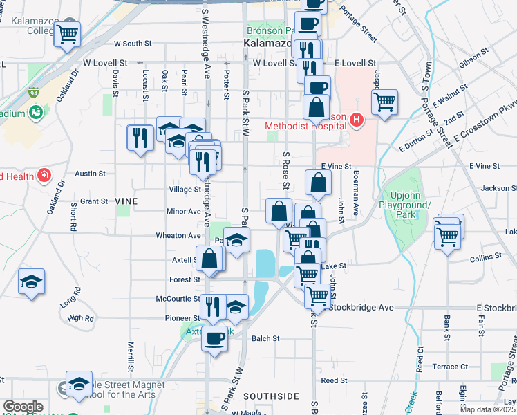map of restaurants, bars, coffee shops, grocery stores, and more near 931 South Park Street in Kalamazoo
