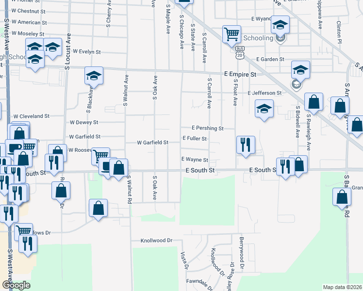 map of restaurants, bars, coffee shops, grocery stores, and more near 14 East Roosevelt Street in Freeport