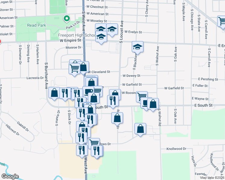 map of restaurants, bars, coffee shops, grocery stores, and more near 621 Youngs Lane in Freeport