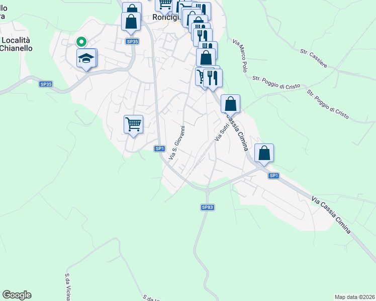 map of restaurants, bars, coffee shops, grocery stores, and more near 4 Via Sardegna in Ronciglione