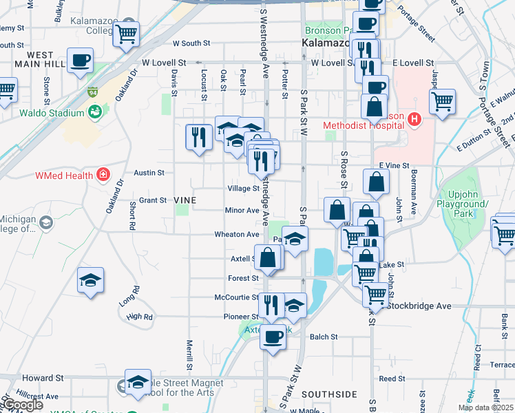 map of restaurants, bars, coffee shops, grocery stores, and more near 510 Minor Avenue in Kalamazoo