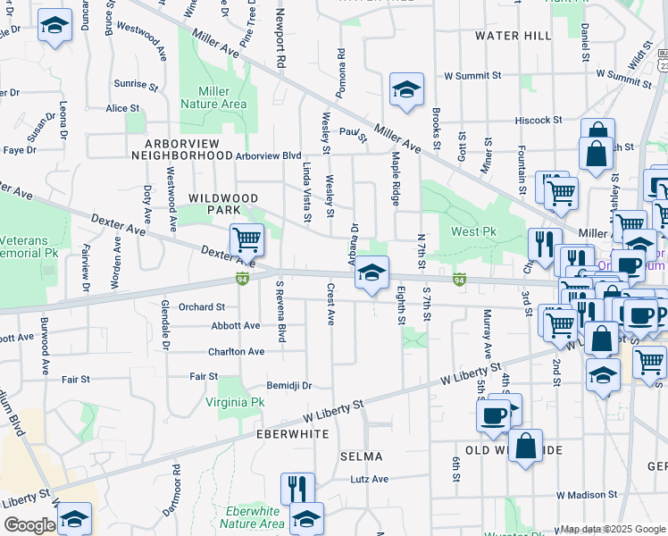 map of restaurants, bars, coffee shops, grocery stores, and more near 1218 West Huron Street in Ann Arbor
