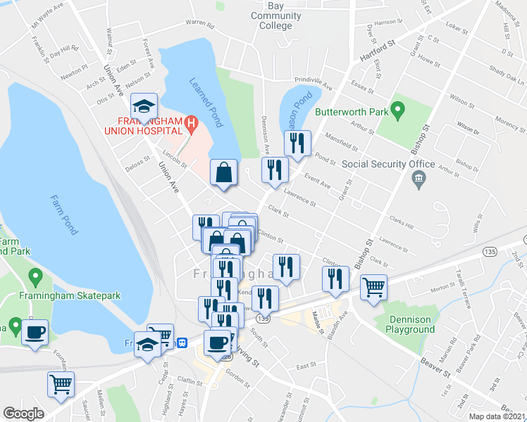 map of restaurants, bars, coffee shops, grocery stores, and more near 255 Concord Street in Framingham