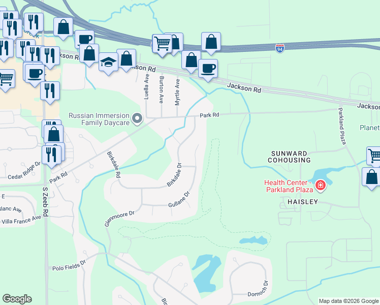 map of restaurants, bars, coffee shops, grocery stores, and more near 4844 Gullane Drive in Ann Arbor