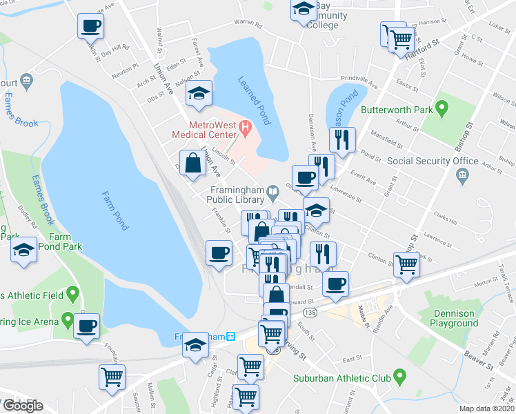 map of restaurants, bars, coffee shops, grocery stores, and more near 50 Lexington Street in Framingham