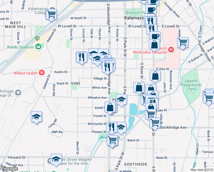 map of restaurants, bars, coffee shops, grocery stores, and more near 924 South Westnedge Avenue in Kalamazoo