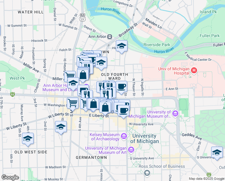map of restaurants, bars, coffee shops, grocery stores, and more near 502 East Ann Street in Ann Arbor