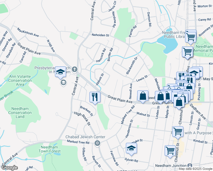 map of restaurants, bars, coffee shops, grocery stores, and more near 25 Ware Road in Needham