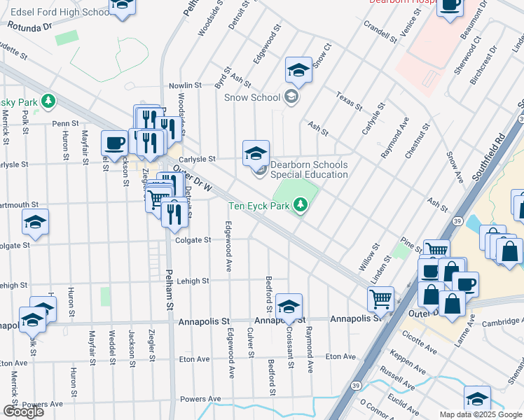 map of restaurants, bars, coffee shops, grocery stores, and more near 22491 West Outer Drive in Dearborn