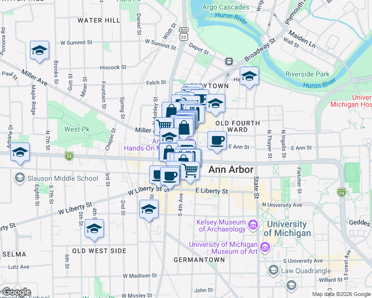 map of restaurants, bars, coffee shops, grocery stores, and more near 208 North 4th Avenue in Ann Arbor