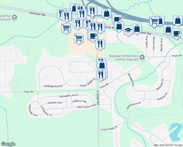 map of restaurants, bars, coffee shops, grocery stores, and more near 5513 Gallery Park Drive in Ann Arbor