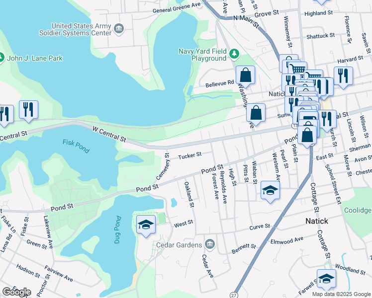 map of restaurants, bars, coffee shops, grocery stores, and more near 86 West Central Street in Natick