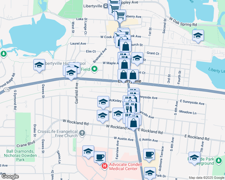 map of restaurants, bars, coffee shops, grocery stores, and more near 160 Sunnyside Place in Libertyville